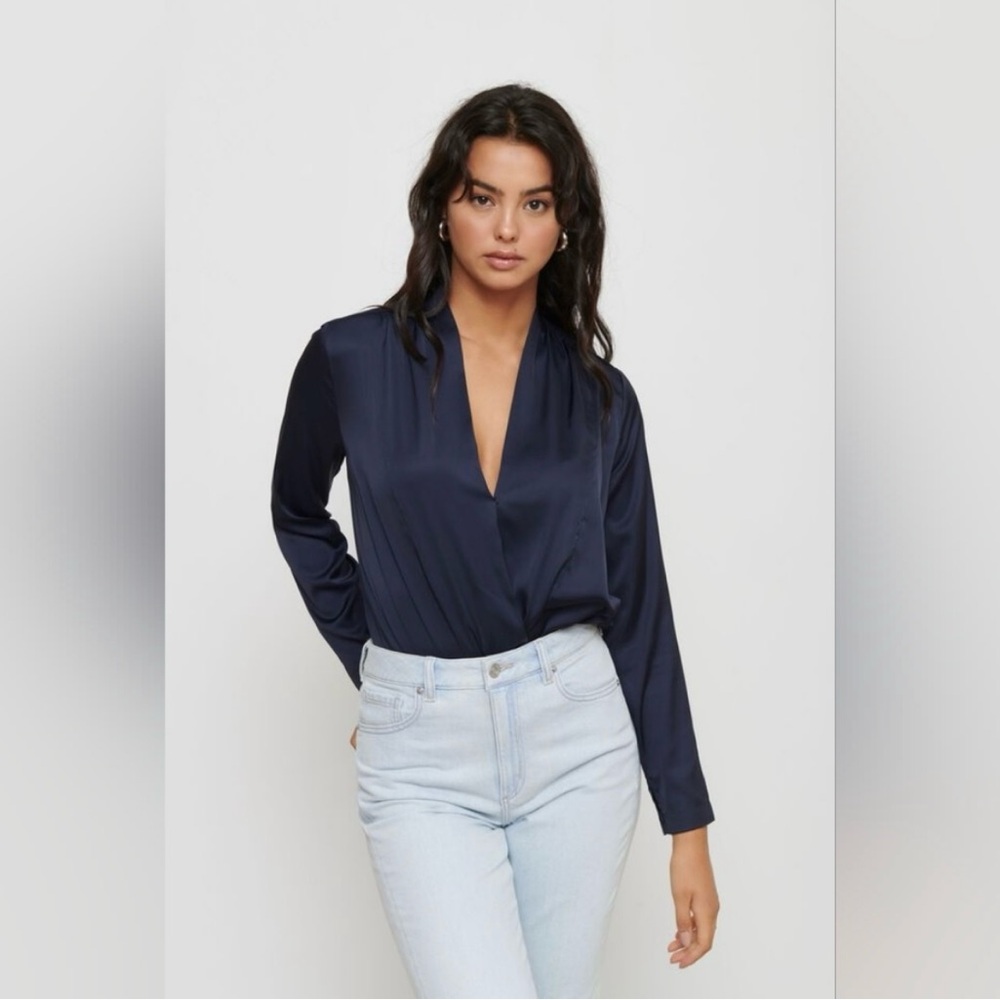 Dynamite Blue Wrap Blouse Bodysuit with Long Sleeves - small